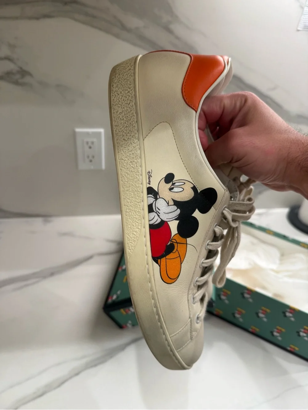 Gucci Cream Leather Mickey Mouse Low-Top Sneakers with Orange Heel